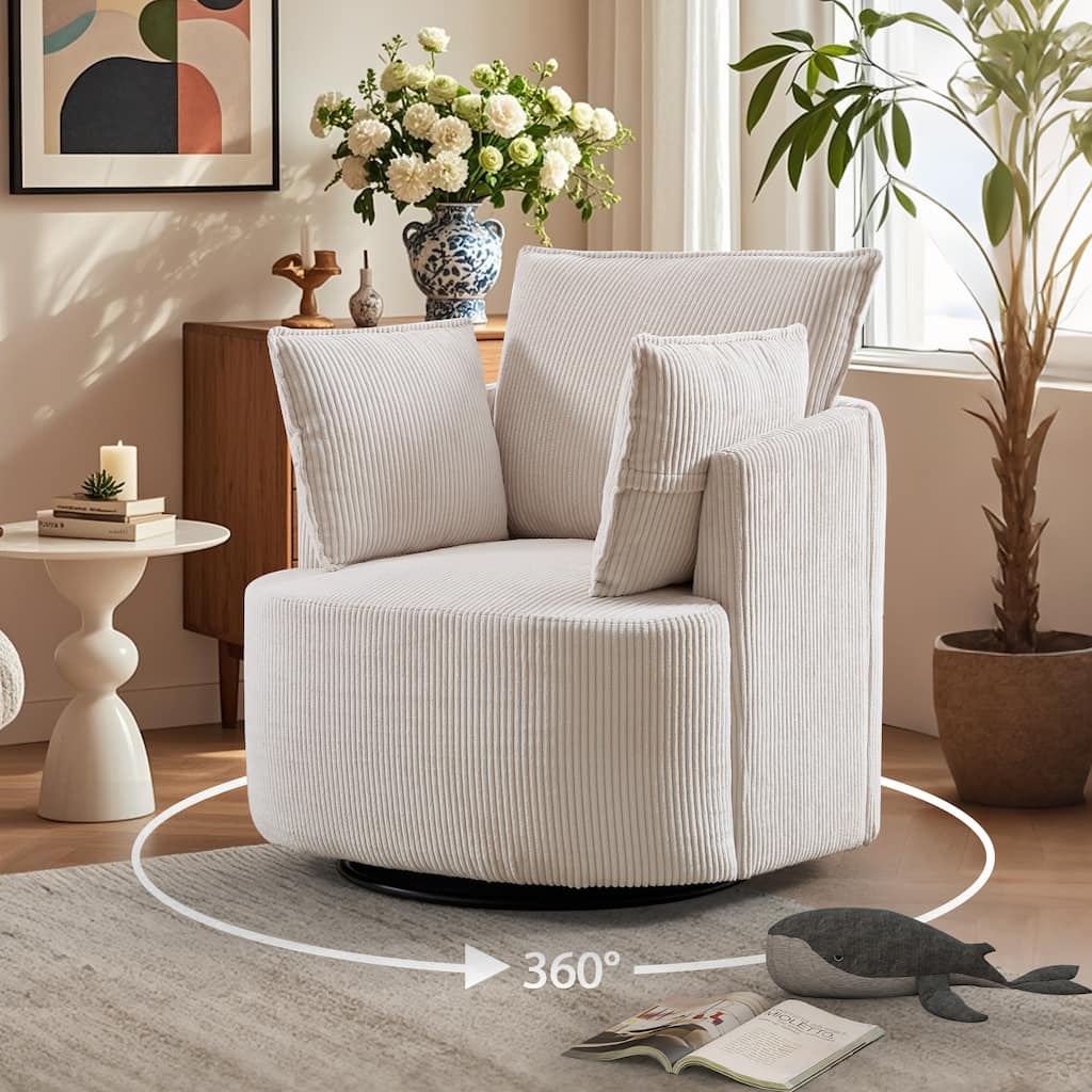 Swivel Accent Chair,360°Swivel Barrel Chair with 3 Pillows Corduroy Round Armchair Single Sofa Chair for Living Room Bedroom