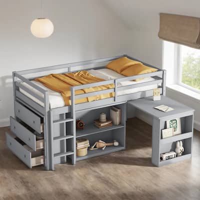 Twin Rubber Wood Loft Bed with Drawer Cabinet, Shelf,Pulling -Out Desk