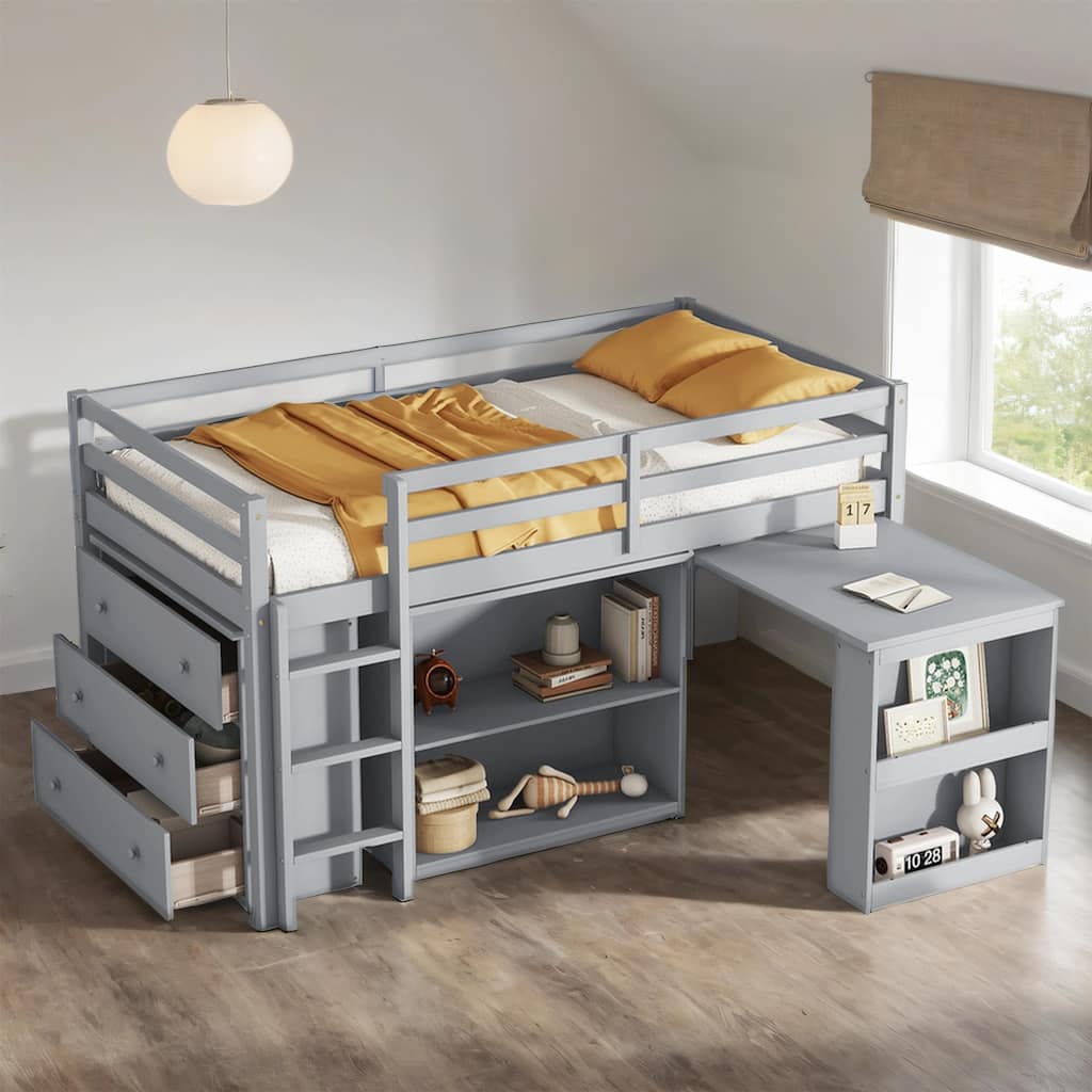 Twin Rubber Wood Loft Bed with Drawer Cabinet, Shelf,Pulling -Out Desk
