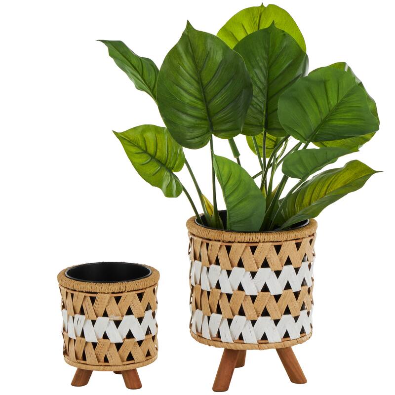 Brown Jute Rope Handmade Woven Chevron Geometric Indoor Planter with Black Metal Pots and Wooden Legs (Set of 2)
