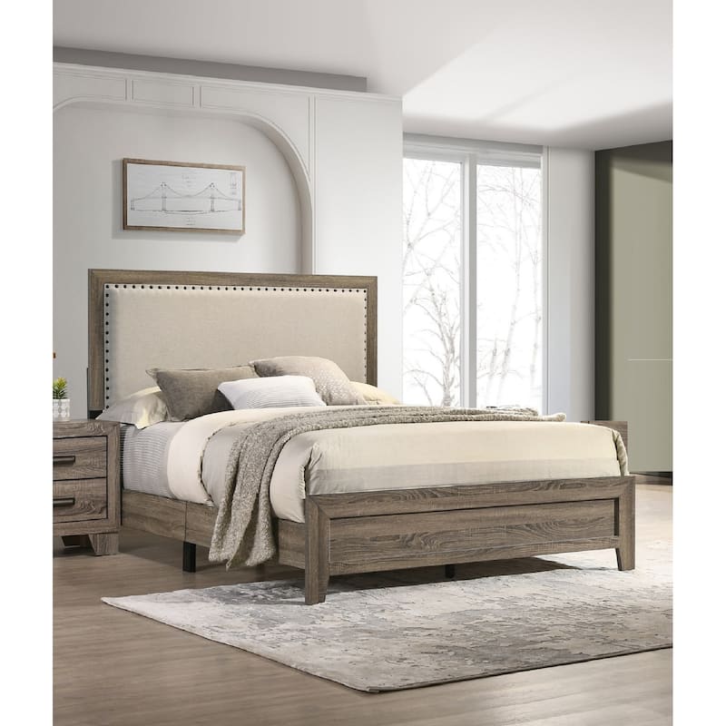 King Size Upholstered Headboard Panel Bed with Tufted Nailhead Trim, Grey Finish