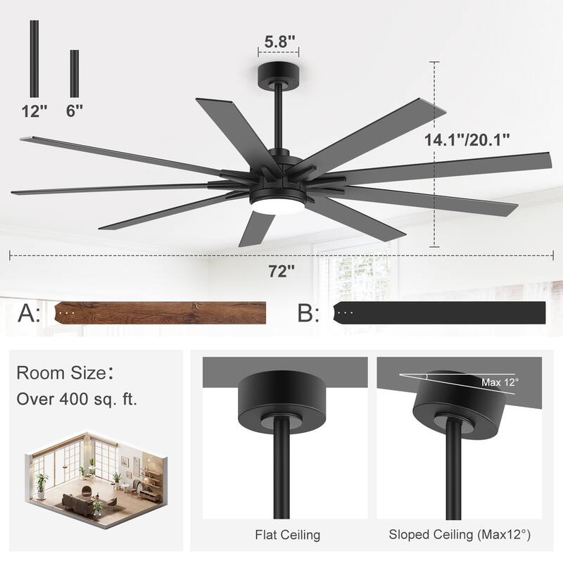 36/42/52/56/72/84-Inch Reversible 3/5/9-Blade Integrated LED Ceiling Fan with Light Remote