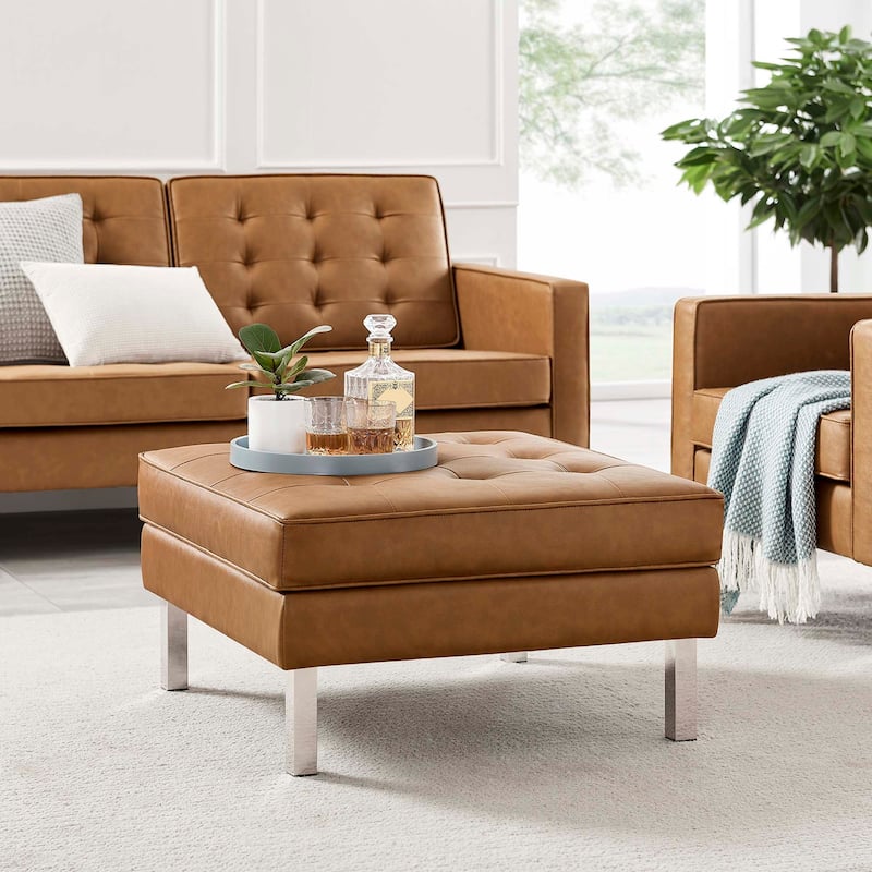 Loft Tufted Vegan Leather Ottoman - Tan