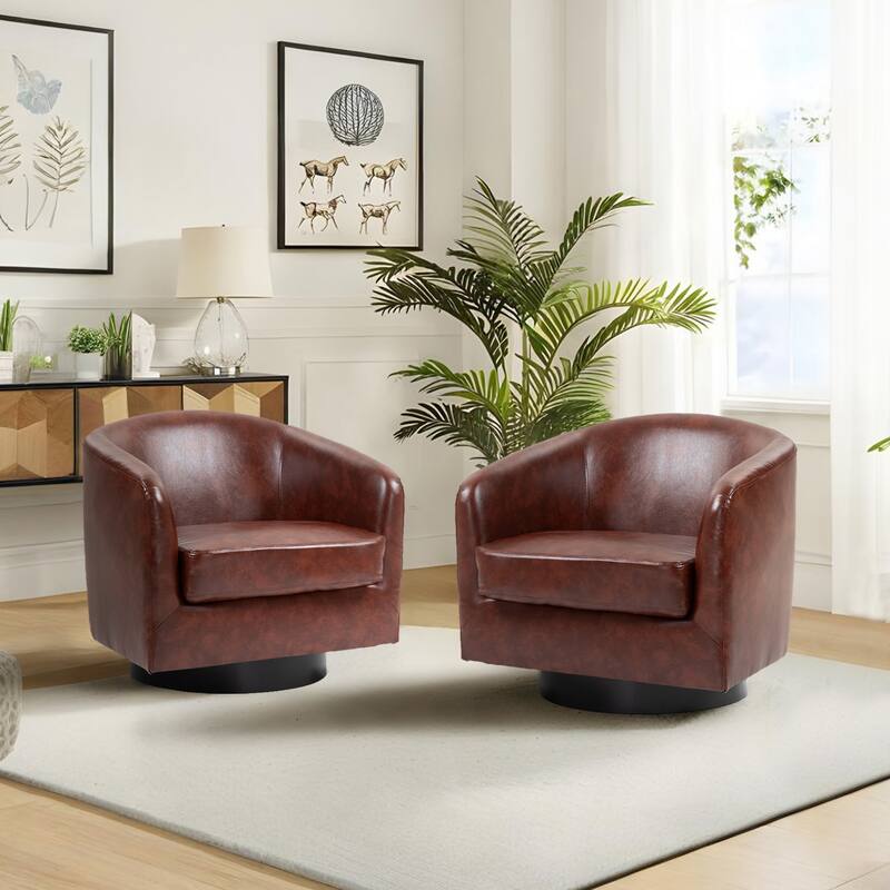 2 Set Modern Vegan Faux Leather Swivel Barrel Accent Chair