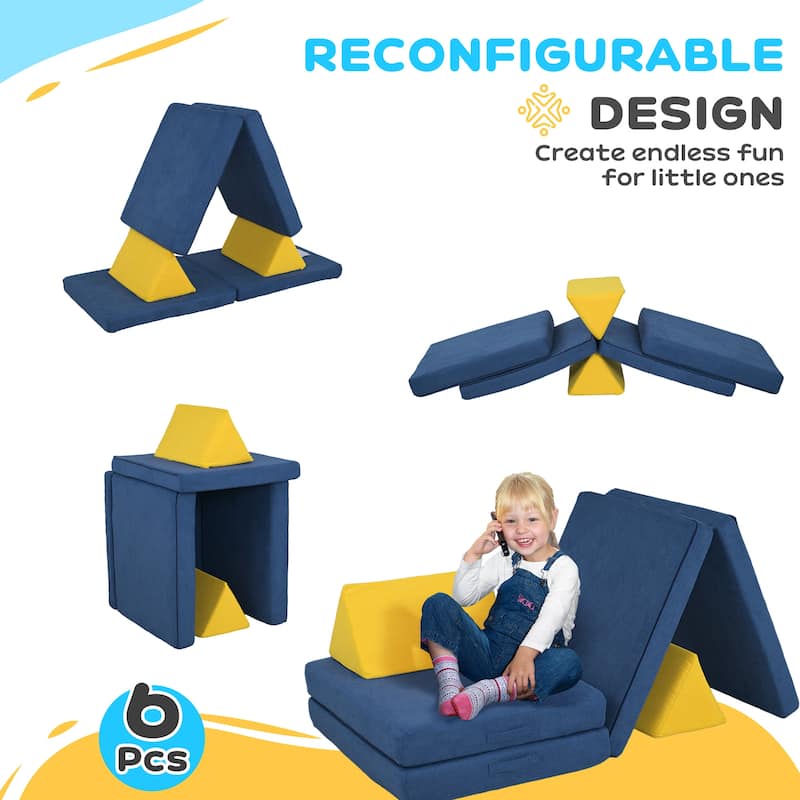 Blue Velvet Foam Toddler Play Blocks Set 6 Pieces Soft Stackable Shapes for Playroom Bedroom and Daycare