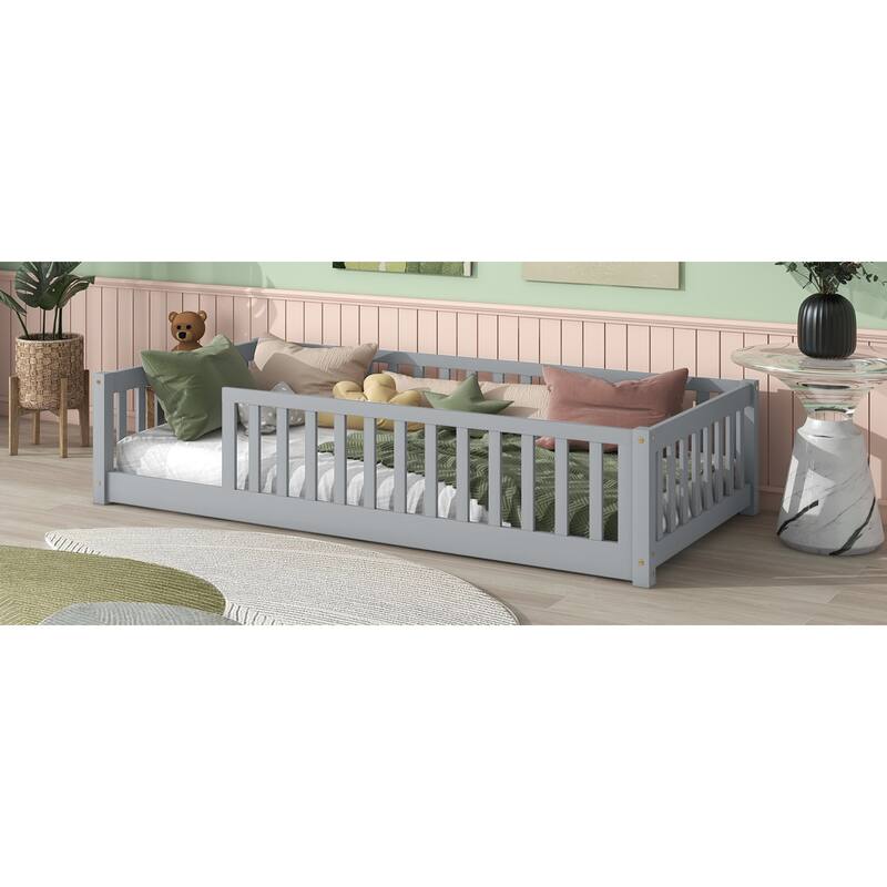Roomfitters Twin Rubber Wood Floor Bed with Fence, Safety Guardrails, Low Profile Platform Design