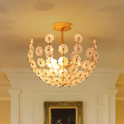 Mid-Century Modern 6-Light Glass Blossom Round Cage Chandelier
