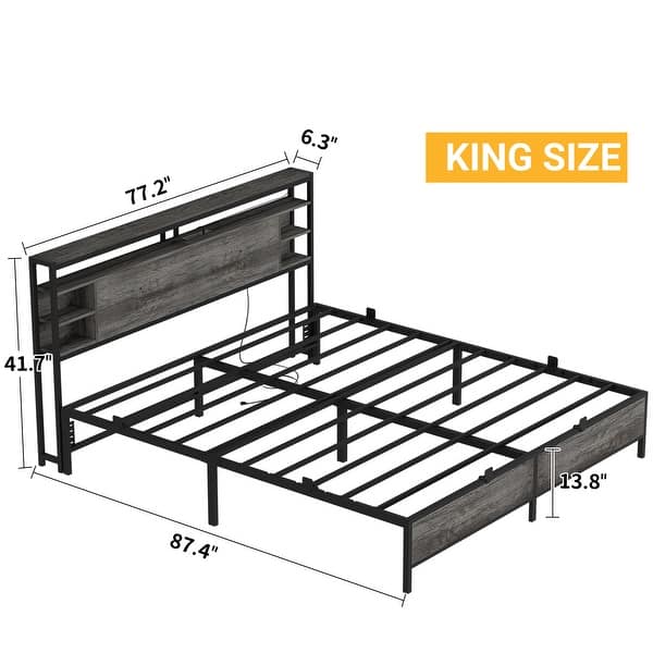 dimension image slide 9 of 11, Bed Frame with Charging Station and RGB LED Lights, Sturdy Platform Bed with Storage Headboard,