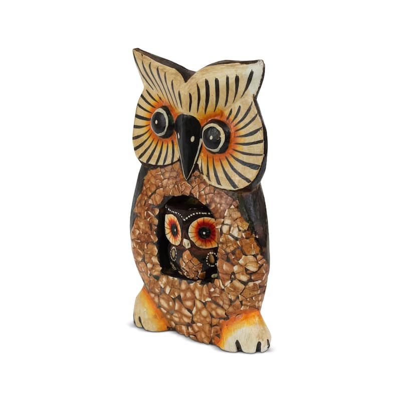 Wooden Handmade Owl Statue with Baby Owl Painted Handcrafted Figurine Decor Sculpture Hand Carved Decorative Decoration Cute