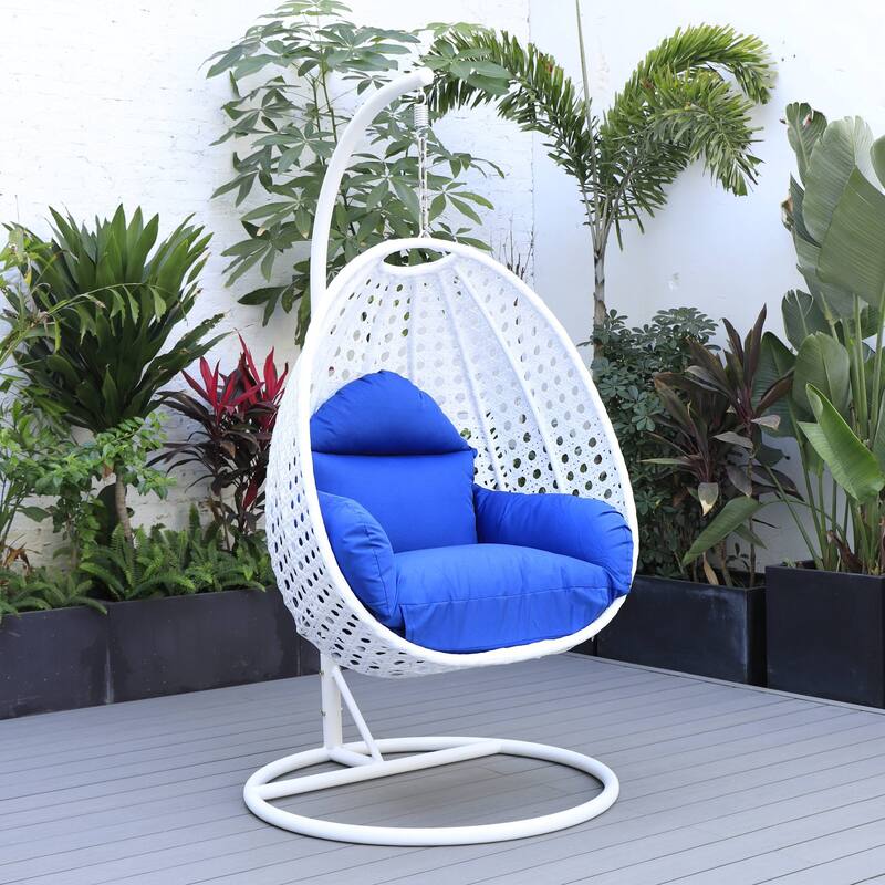 Patio Hanging Egg Swing Chair with White Wicker Shell and Iron Frame for Indoor Outdoor Patio Porch Garden Backyard