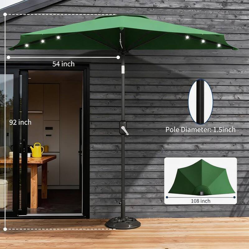 9ft Outdoor Patio Half Umbrella, with Solar LED Lights and Smooth Crank Lift