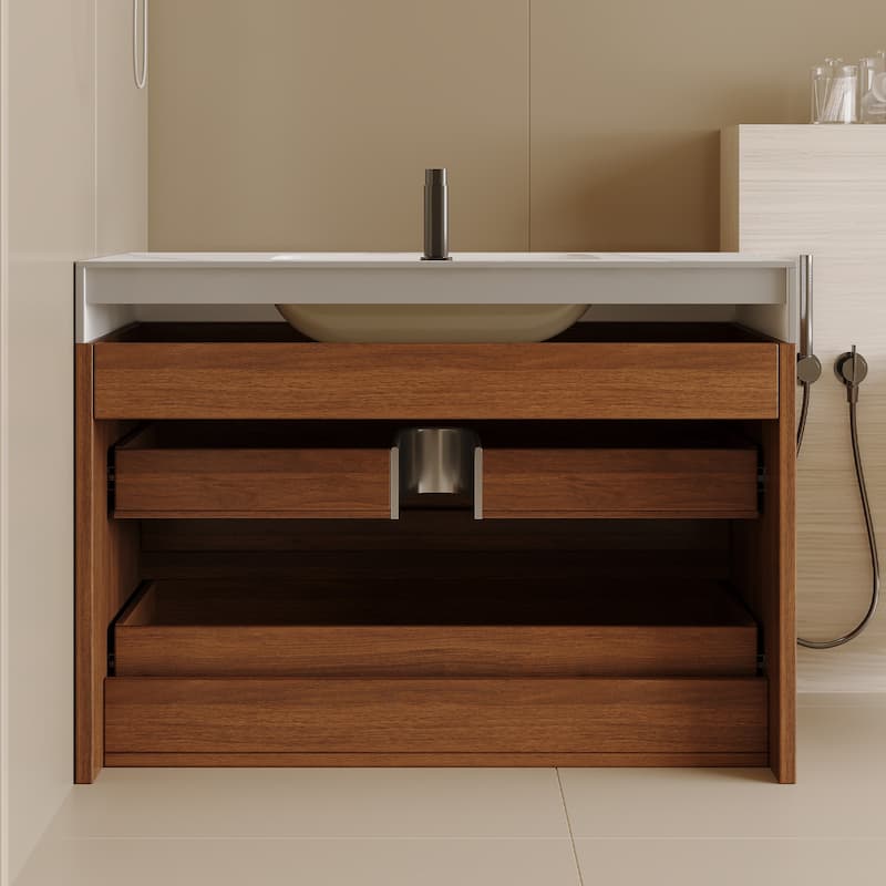 GDFStudio - Modern 31.5" Wall-Mounted Bathroom Vanity with Sintered Stone Top, Ceramic Undermount Sink & Soft-Close Drawers