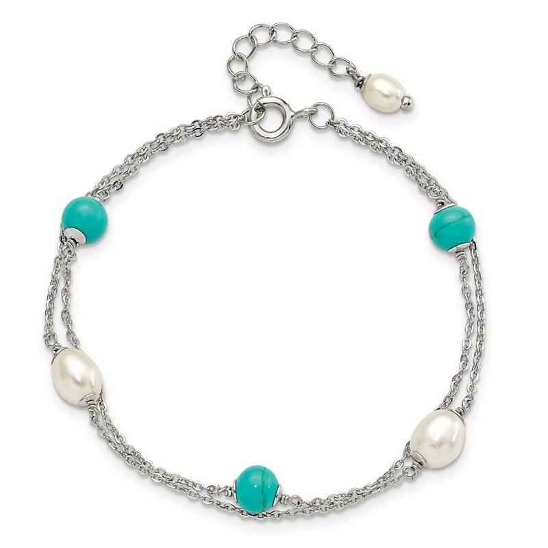 Curata 925 Sterling Silver 7" Cultured Pearl and Turquoise Beads Double Strand Bracelet