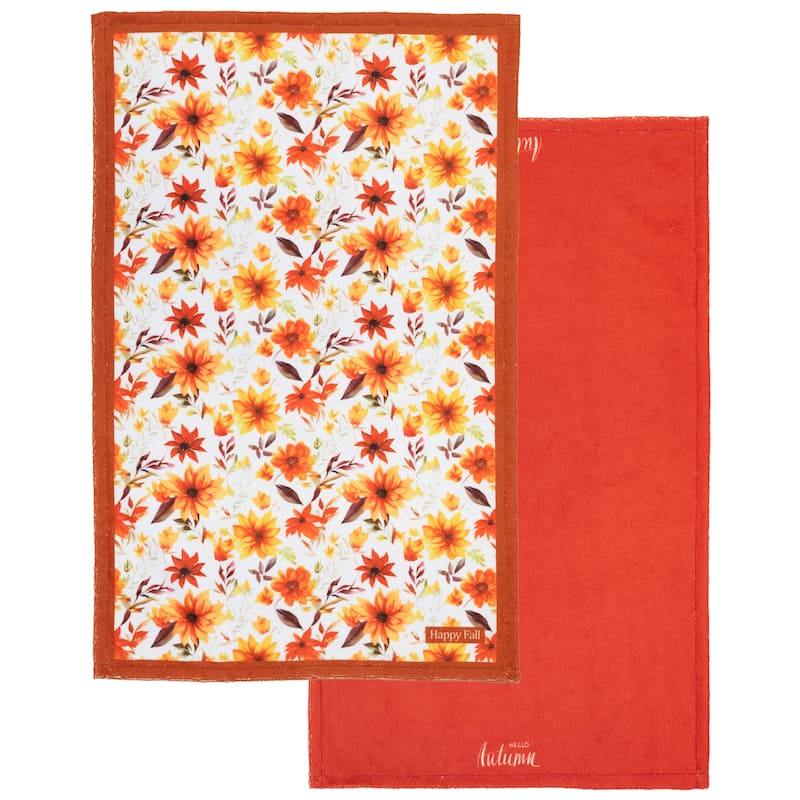 Hello Autumn and Floral Fall Harvest Kitchen Tea Towels - 26" - Set of 2