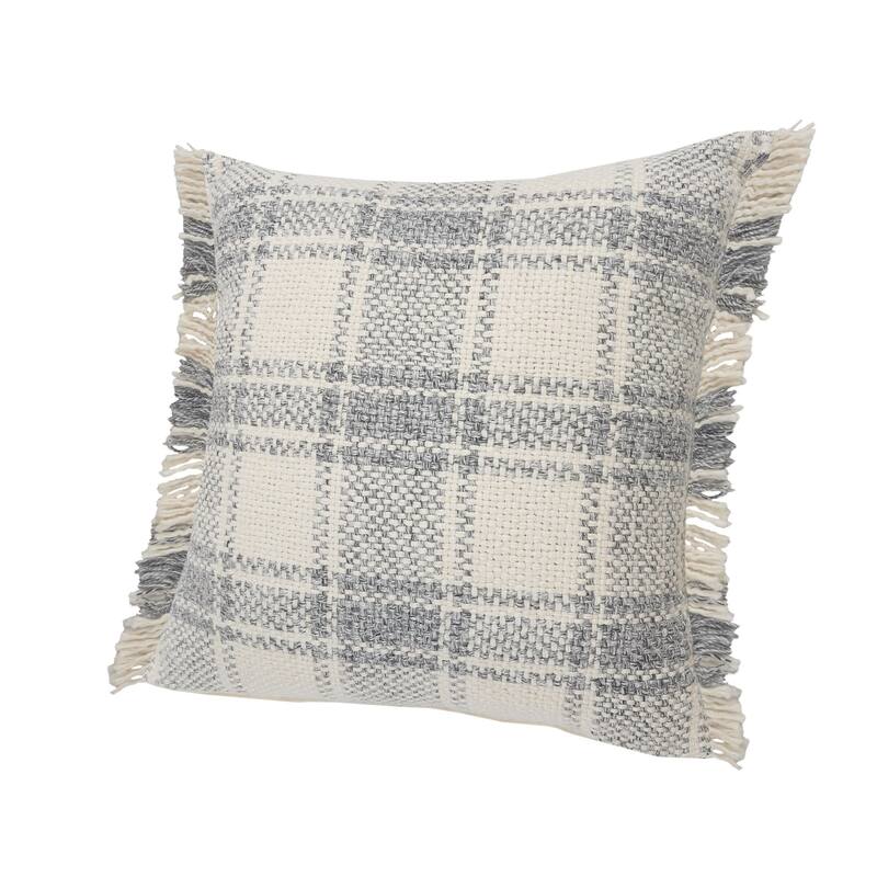 20" Blue and White Plaid Cabin Square Throw Pillow with Fringe