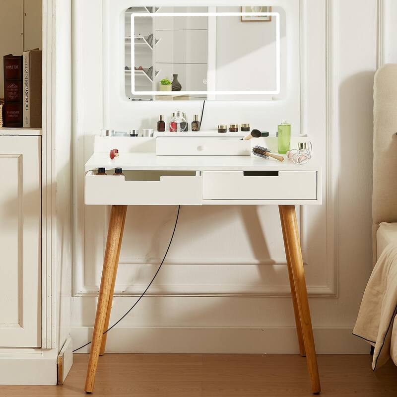 Makeup Vanity Desk with Removable Mirror and Lights,3 Color Modes&Adjustable Brightness Table,Vanity Table Set with 2 Drawers