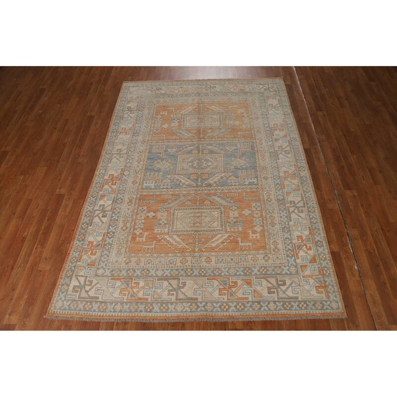 Hand Knotted Oriental 100% Wool Carpet Transitional Tribal Oranges & Rust Oushak Area Rug - 8' 3'' X 5' 9''