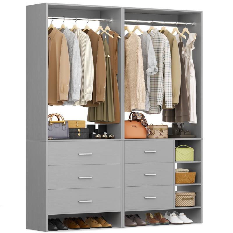 Cimly Set of 2 Closet Organizer with Drawers, Closet System with Hanging Rods and Storage Shelves - Grey