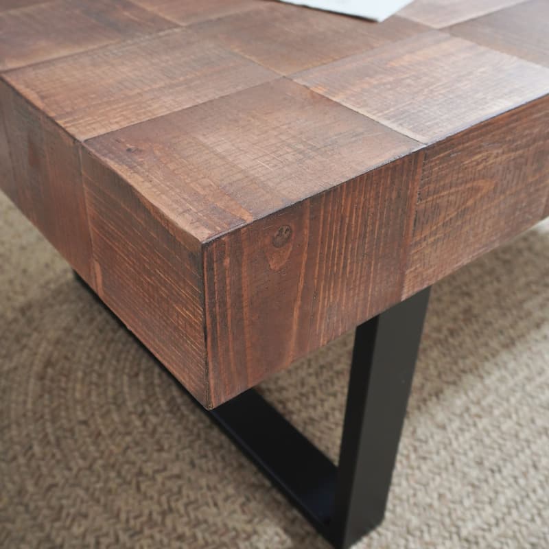 Rustic Industrial Handcrafted Coffee Table with Parquet-Style Surface and Black Metal Legs, Natural Wood Grain Finish