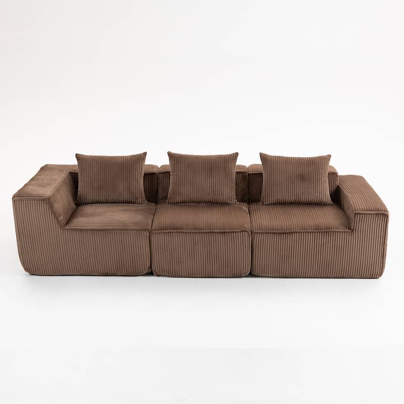 Deep Seat Modular Sofa Corduroy 3 Seater Lounge Couch with Pillows - Brown
