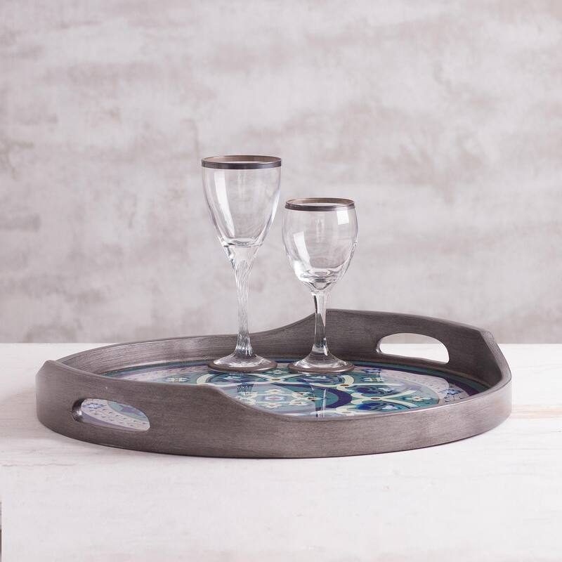 NOVICA Handmade Floral Intricacy in Steel Reverse-painted glass tray