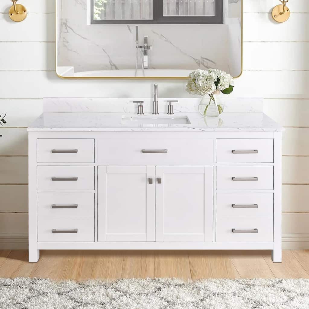Prismatica Single Sink Bathroom Vanity 60 in White, Marble Countertop & Splash