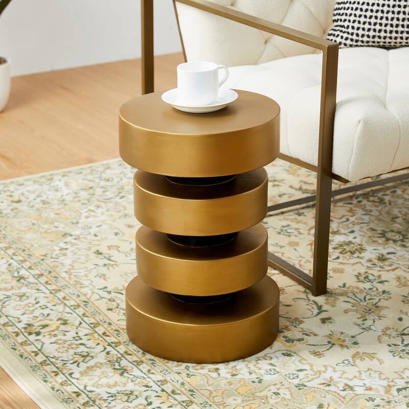 Glitzhome 18"H Modern Antique Gold/White MGO Floating Disks Side Table or Accent Stool - 12"L x 12"W x18"H
