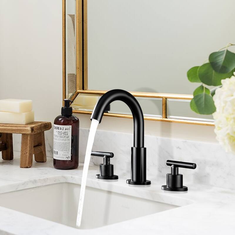 Modland Widespread 3-Hole Bathroom Faucet, 500K Cycle Ceramic Cartridge, 360 Swivel Spout & CEC Certified (Black/Gold/Nickel)