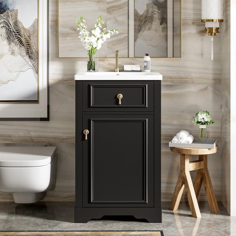 MEDUNJESS 20'' Bathroom Vanity with Ceramic Sink, Bathroom Storage Cabinet - Black
