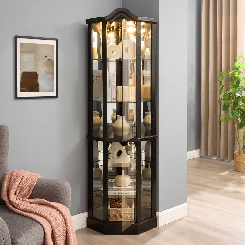 Lighted Glass Display Cabinet Corner Curio Cabinet with Adjustable Shelves Carved Cherry Decoration Wine Cabinet