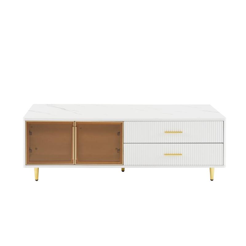 47.2" Modern Coffee Table with 2 Glass Door, 4 Drawers and Multi-Color Lighting