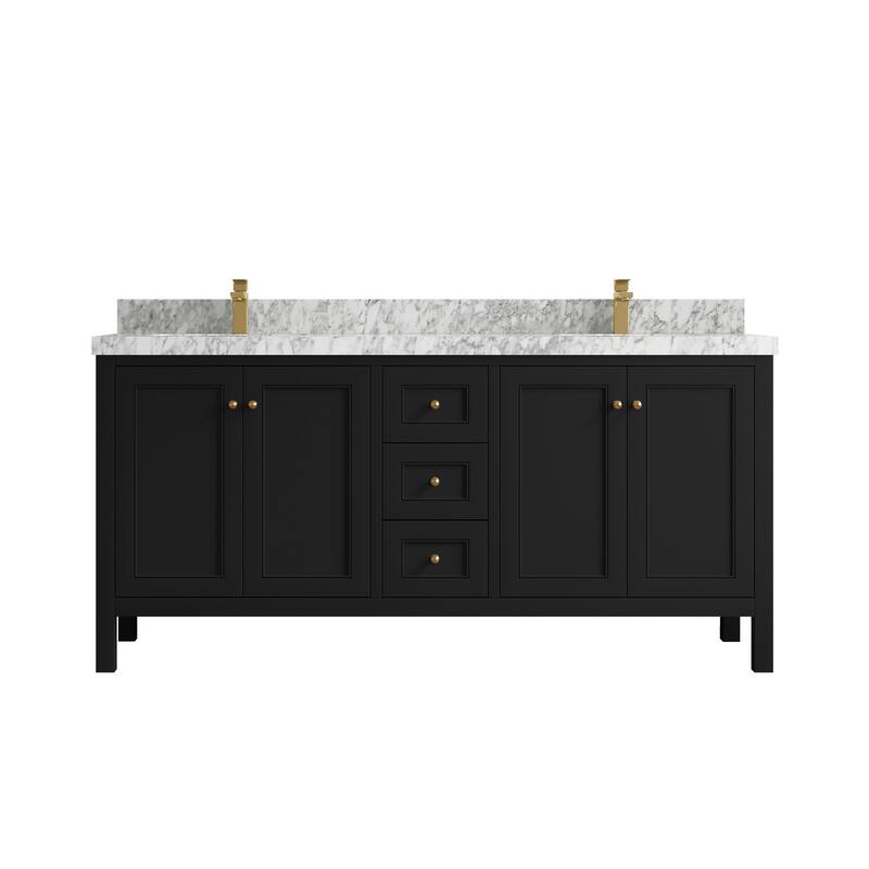 Willow Collections 72 in. W x 22 in. D Nashville Double Bowl Sink Bathroom Vanity with Countertop - 2”Carrara Marble - Black