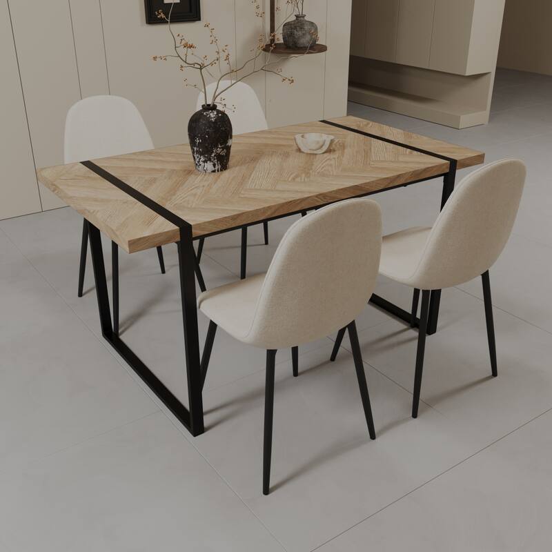 5-Piece Modern Dining Table Set, 59 Inch Light Wood MDF Table & 4 Suede Chairs, Medieval Style Design