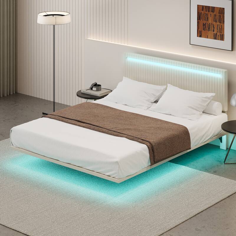 Modern Upholstered Floating Bed Frame with LED Lights, Vertical Channel Design Velvet Fabric Bed, Full Size, Beige - Beige