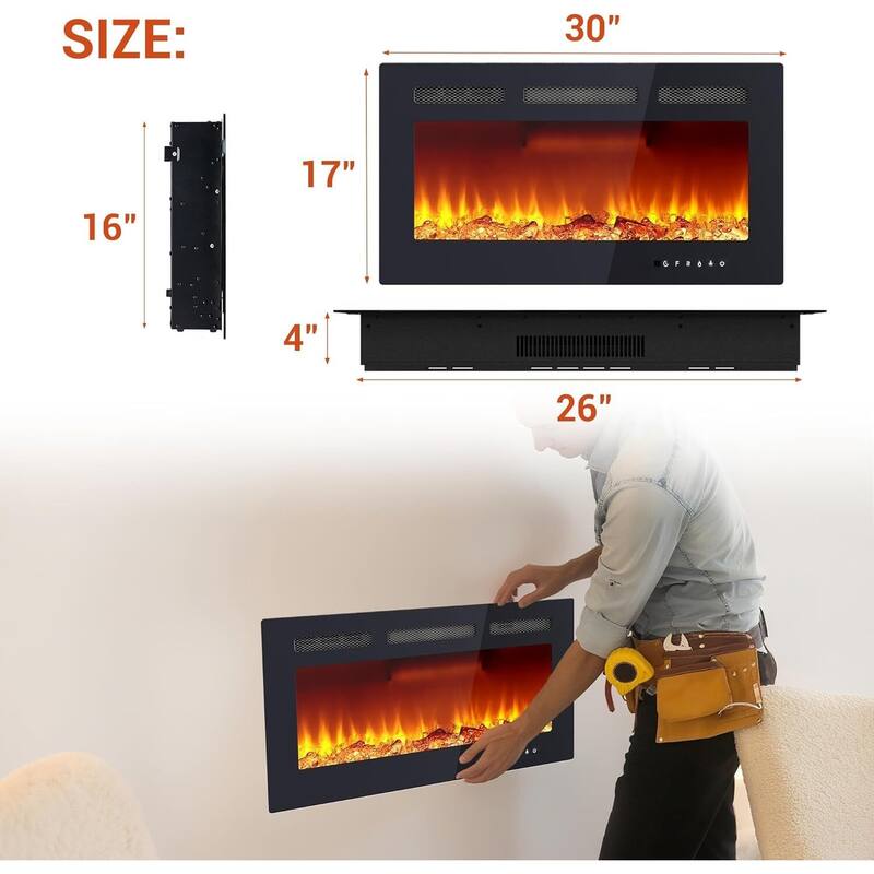 Wall Mount Electric Fireplace, Touch Screen and Remote Control, 12 Flame Colors