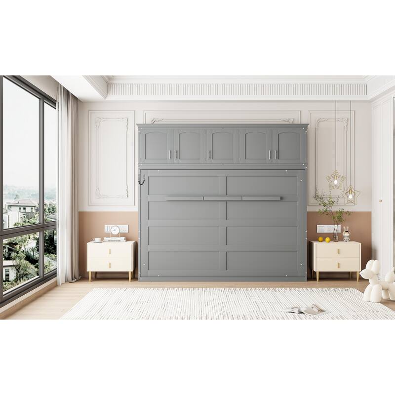 Queen Size Wall Bed with Storage Cabinets, Space-Saving Foldable Murphy Bed in Gray