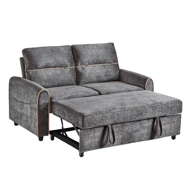 Roomfitters 58 Inch Chenille Pull Out Loveseat Sofa Bed with USB Ports and Side Storage Pockets, Modern
