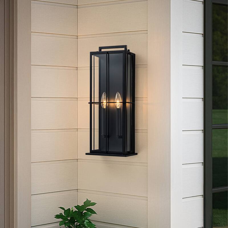 H19" Modern Large Lantern Outdoor Wall Light with Clear Glass Dual-Bulb Design and Black Finish Wall Sconces for Porch Patio - W8'' - Black
