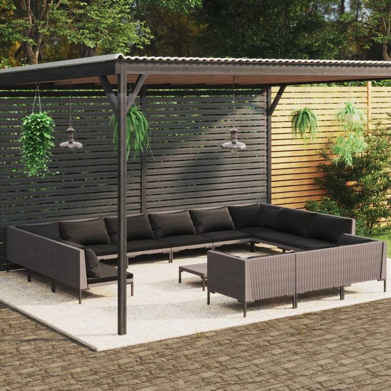 vidaXL Patio Lounge Set Outdoor Sectional Sofa Set Table Poly Rattan Dark Grey - 27.6" x 27.6" x 24" - Grey 14 Piece