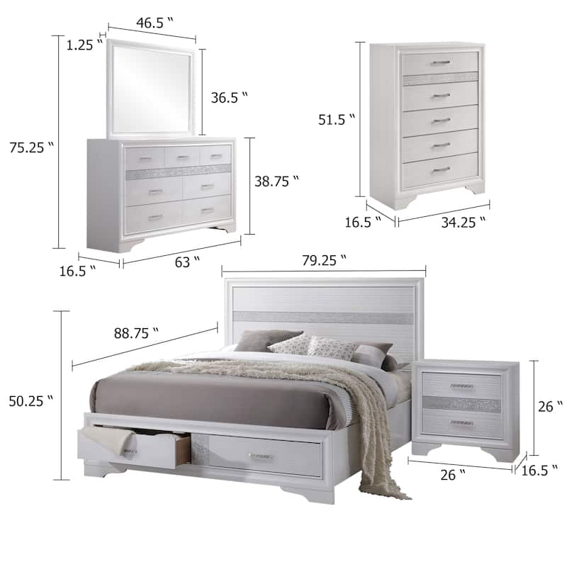 Vino White 5pc California King Bed Set with Dressers, Glitter Accent