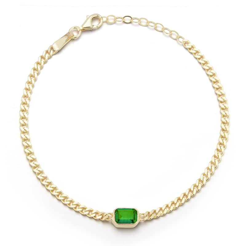 Soleil Sterling Silver Emerald Cut CZ Curb Chain Bracelet - Yellow-Green