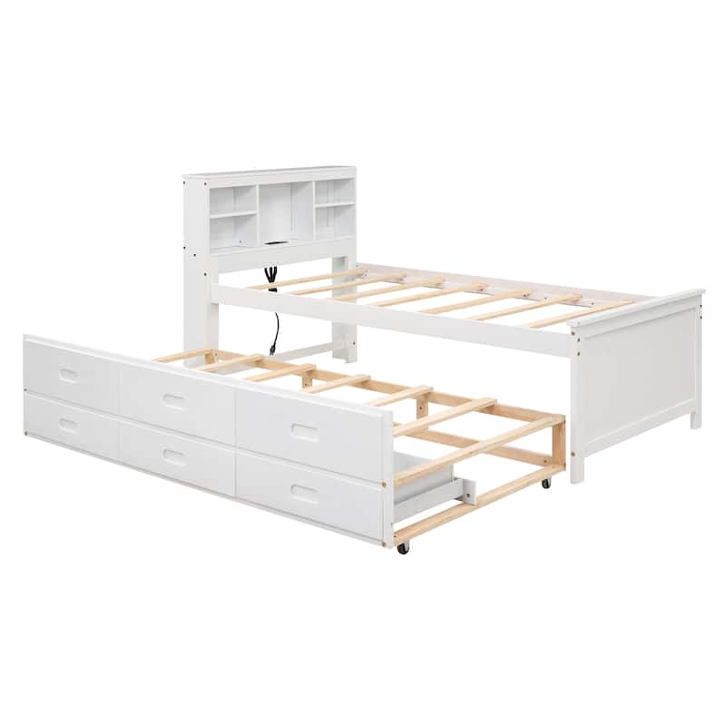 Twin Size Platform Bed with Storage Headboard, USB, Twin Size Trundle and 3 Drawers