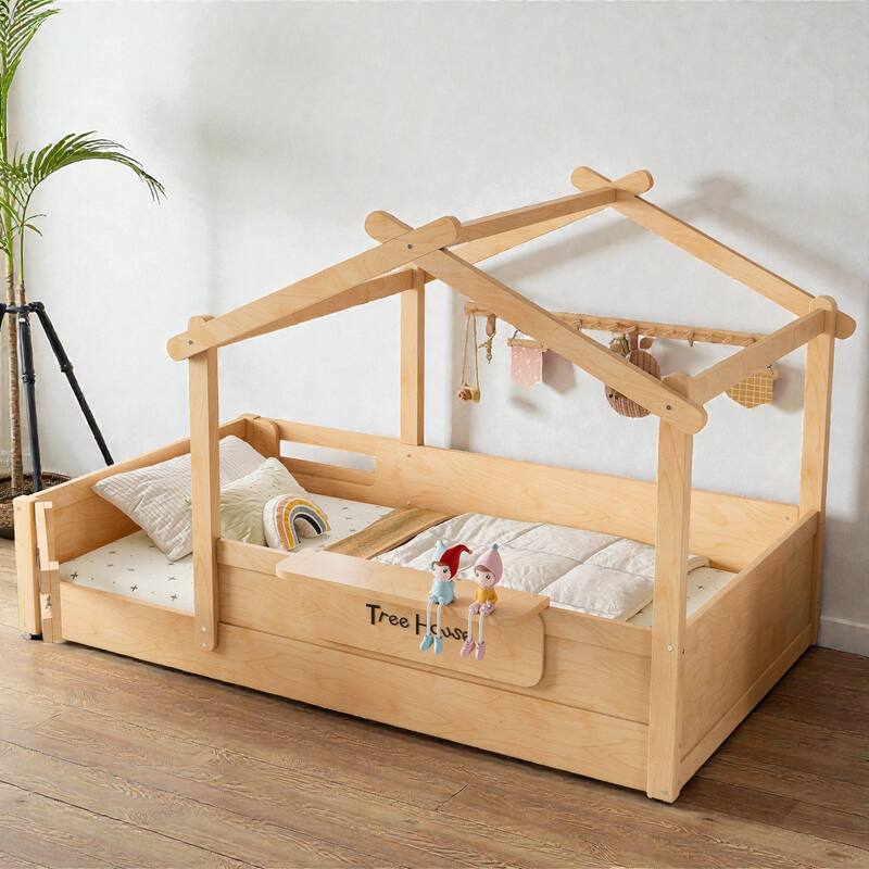Kids House Floor Bed with Guardrails and Roof, Built-in Tray and Signboard, Montessori Floor Bed for Toddlers