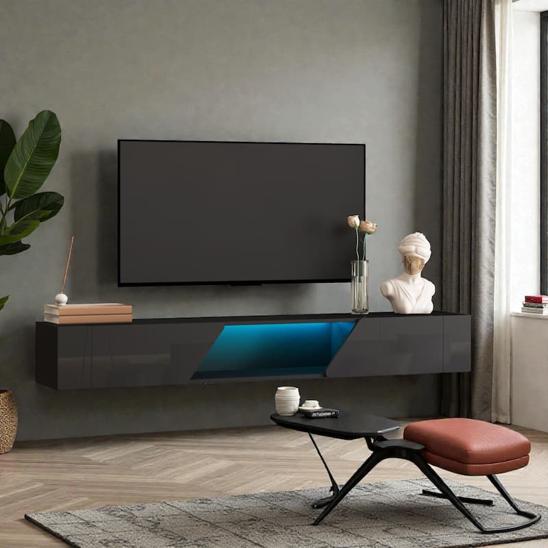 69" Floating TV Stand with 16-Color LED Lights, Wall Mounted Modern Media Console for 55-65 Inch TVs, High Gloss Cabinet