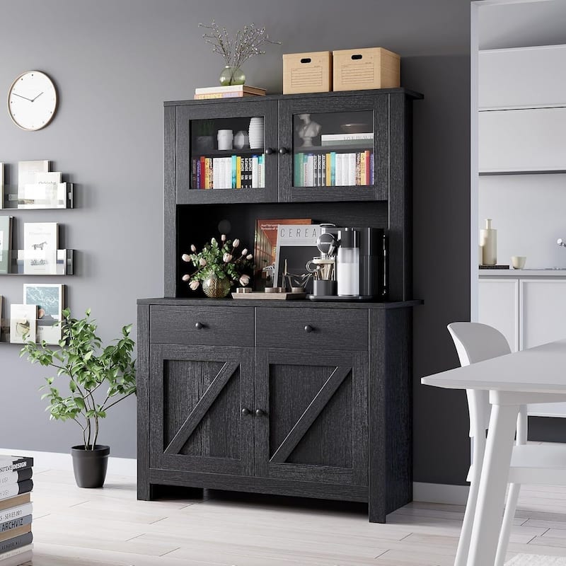 Kitchen Pantry Storage Cabinet with Microwave Stand & Coffee Bar Cabinet,Freestanding Hutch Cabinet with 4 Doors - Black