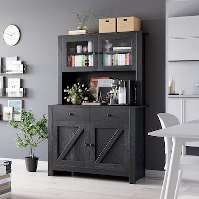 Kitchen Pantry Storage Cabinet with Microwave Stand & Coffee Bar Cabinet,Freestanding Hutch Cabinet with 4 Doors
