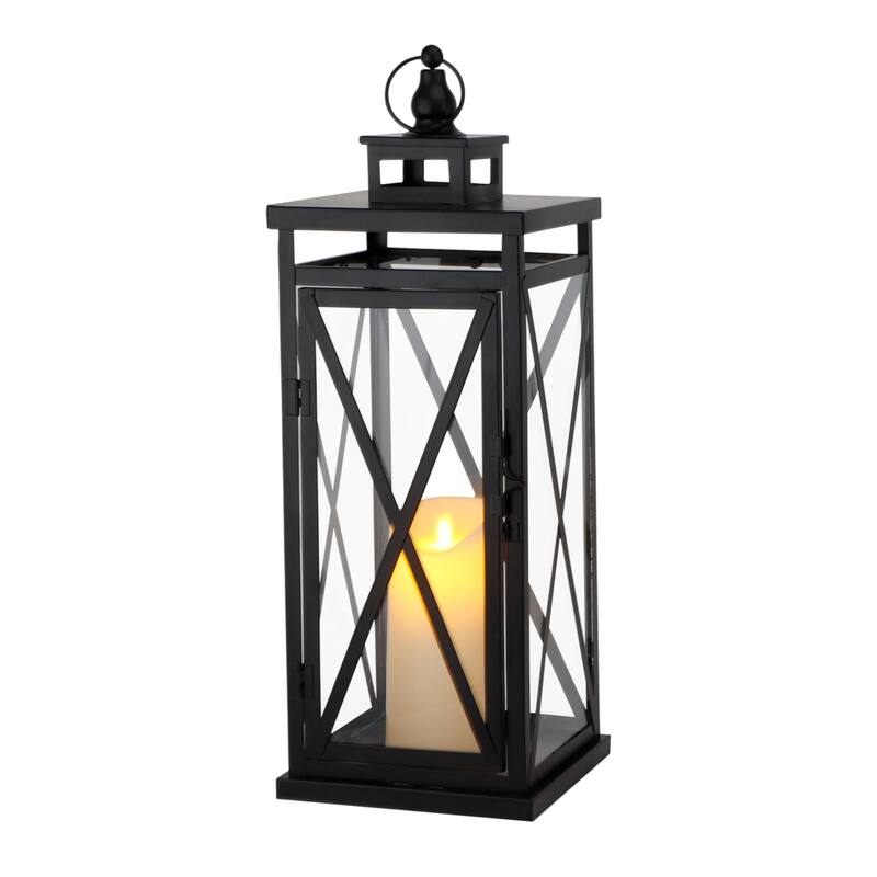 Set of Two Clear And Black Glass And Metal Tabletop Lantern Candle Holders