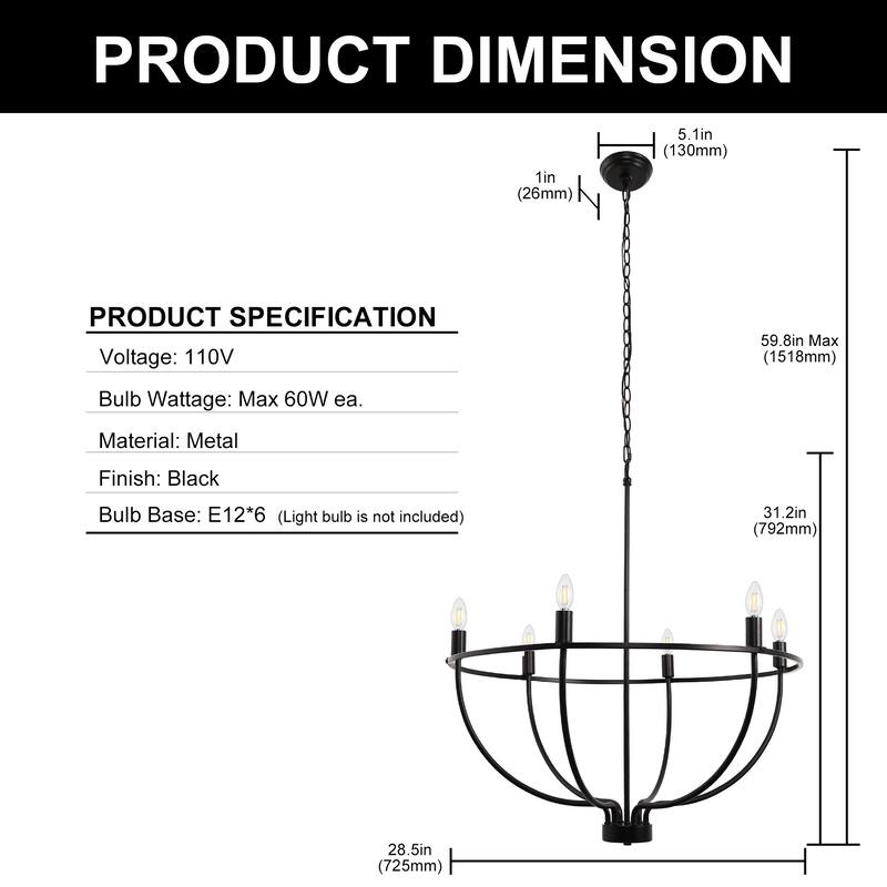 YANSUN 6-Light Ring Chandelier with E12 Base Large Circular Design in Matte Black Finish for Modern and Industrial Interiors