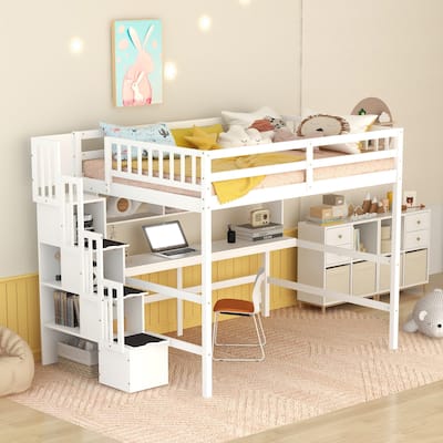Full Size Loft Bed with Built-in Desk, Bookshelves and Storage Staircase