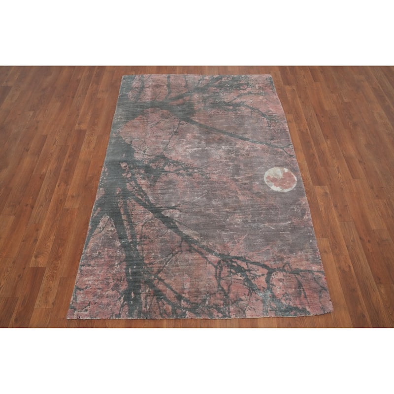 Hand Knotted Oriental Viscose Silk Carpet Modern Pictorial Coral Abstract Area Rug - 6' 2'' X 3' 11''